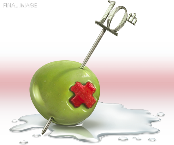 CLIENT :<br>Greater Buffalo Chapter of the American Red Cross<br><br>IMAGE DETAILS:<br>Using the base image as a guide, the final pierced olive with liquid splash was illustrated.