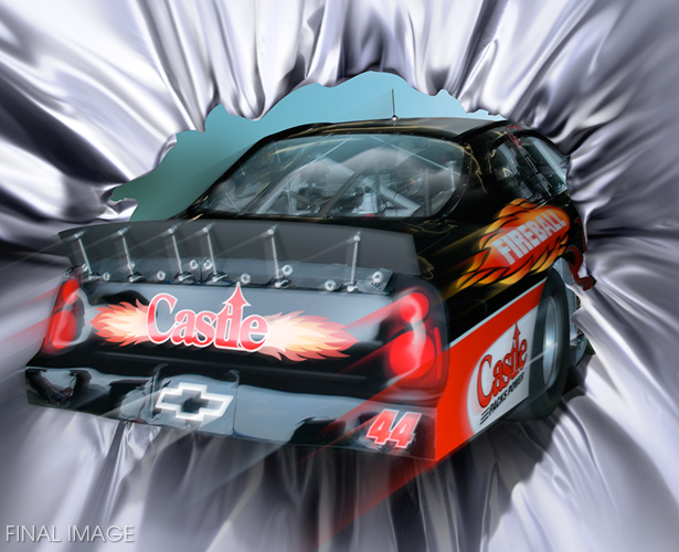 CLIENT :<br>Castle Products, Inc.<br><br>IMAGE DETAILS:<br>Image of vehicle was provided, but the quality was such that much of it had to be refined. Bursting metal was illustrated as were the speeding effects. Logos were recreated for crispness.