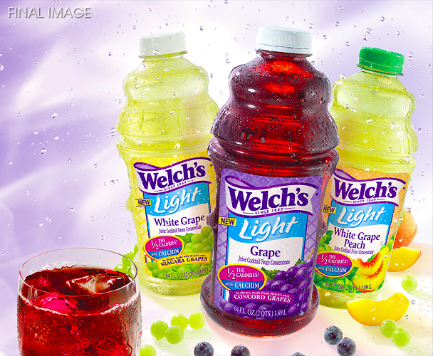 CLIENT :<br>Welch's<br><br>RETOUCHING INCLUDES:<br>1) Silhouette and combine all elements<br>2) Distort for bottle curvature, create water drops, and apply new labels to bottles<br>3) Enrich coloring of all elements<br>4) Create appropriate cast shadows and reflections