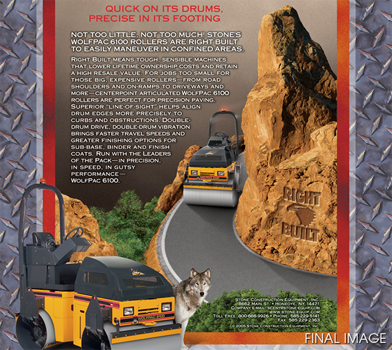 CLIENT :<br>Stone Construction Equipment, Inc.<br><br>RETOUCHING INCLUDES:<br>1) Modify rock formation to look more wolf-like<br>2) Create a speeding pavement roller<br>3) Create shoulder and paved road surfaces<br>4) Create new shrubbery<br>5) Create a carved logo into rock surface<br>6) Silhouette and combine remaining elements