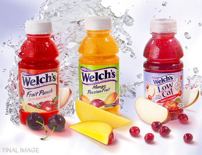 CLIENT :<br>Welch's<br><br>RETOUCHING INCLUDES:<br>1) Silhouette and combine all elements<br>2) Distort for bottle curvature, create water drops, and apply new labels to bottles<br>3) Enrich coloring of all elements<br>4) Create appropriate cast shadows and reflections