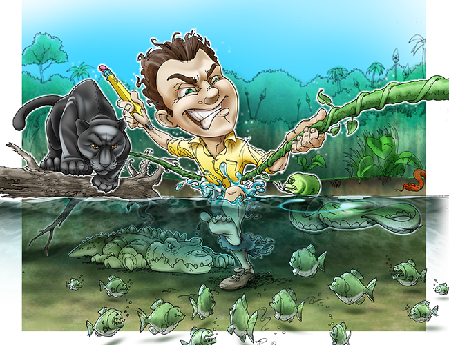 LePine Studios - Northwest Savings Bank: cartoon illustration of 'accounting hero' fighting of amazon jungle predators