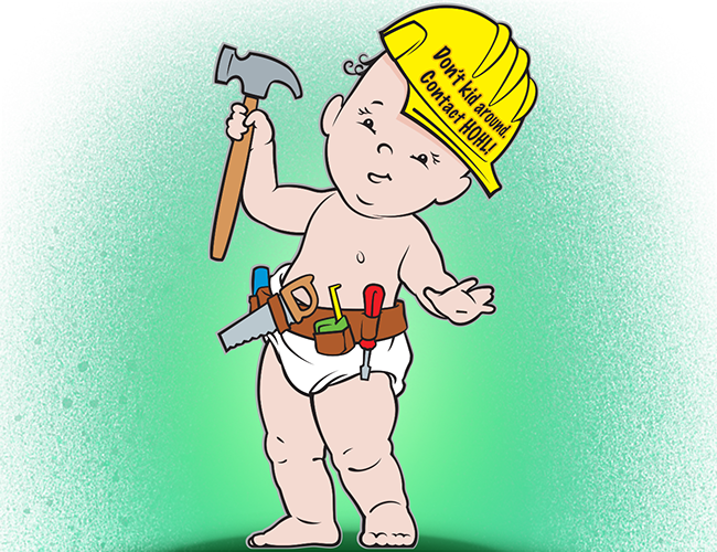LePine Studios - Hoyle Industrial Services: cartoon illustration of baby in hardhat with slogan "Don't kid around, contact Hoyle"