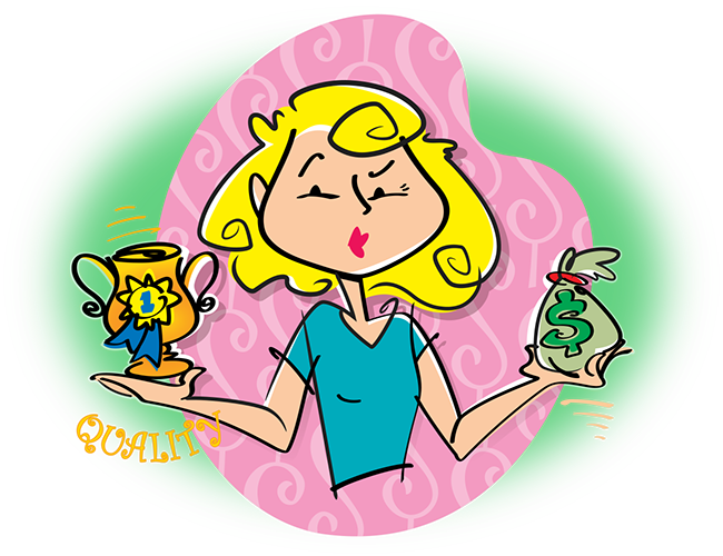 LePine Studios - Fisher-Price: cartoon illustration of mom weighing value vs. cost