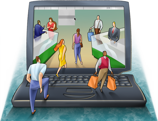 LePine Studios - J. Charlier Adv.: stylized illustration of customers entering online storefront