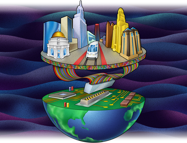 LePine Studios - Dog Eat Dog: stylized illustration for poster regarding the electronic wiring of Main Street, Buffalo