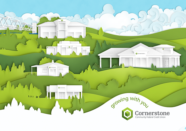 LePine Studios - Columbus McKinnon: brochure cover illustration of CM hook and chain hoisting the globe