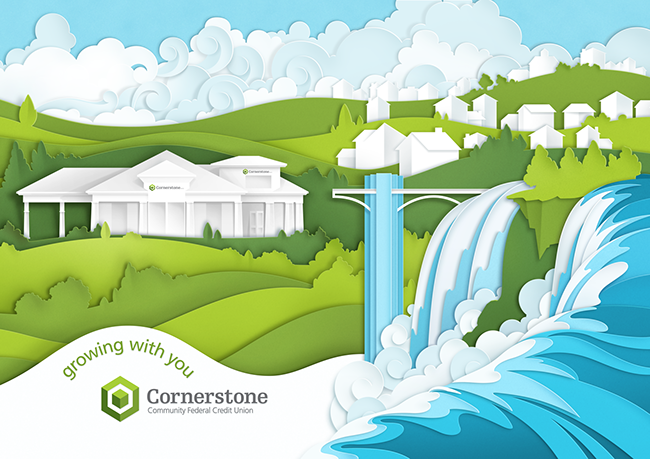 LePine Studios - Columbus McKinnon: brochure cover illustration of CM hook and chain hoisting the globe