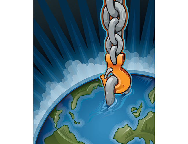 LePine Studios - Columbus McKinnon: brochure cover illustration of CM hook and chain hoisting the globe