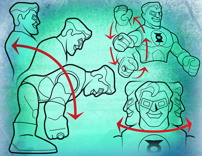 LePine Studios - Fisher-Price: instructional graphics demonstrating Imaginext® Green Lantern's movements