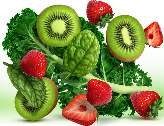 LePine Studios - realistic illustration | Ketologic MacroGreens:  kale, spinach, kiwi, and strawberries.