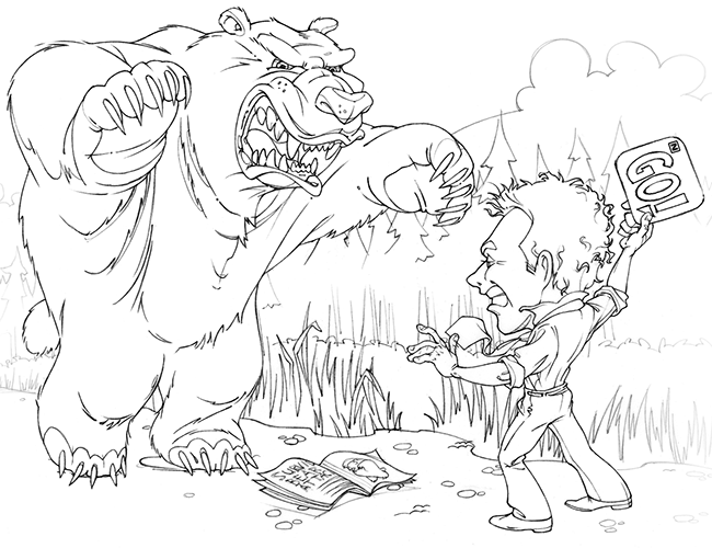 LePine Studios - Northwest Savings Bank: cartoon illustration of 'accounting hero' fighting off grizzly bear