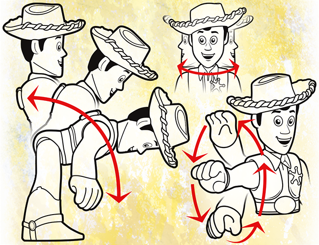 LePine Studios - Fisher-Price: instructional graphics demonstrating Imaginext® Woody character's movements